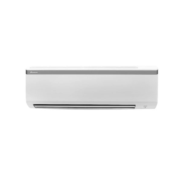 Daikin wall-mounted split air conditioner with a sleek white design and a black accent strip along the top. The unit features a bottom air outlet for efficient cooling and a compact digital control panel on the right side.